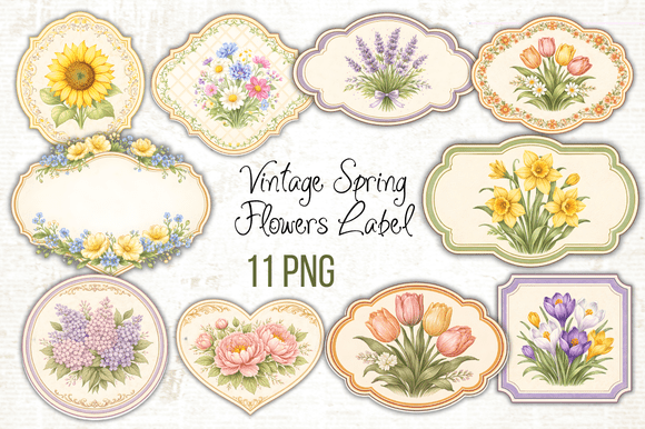 Download Vintage Spring Flowers Label PNG - Spring flowers Collection