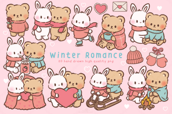 Download Winter Romance Kawaii Bear Bunny Clipart - Winter Collection